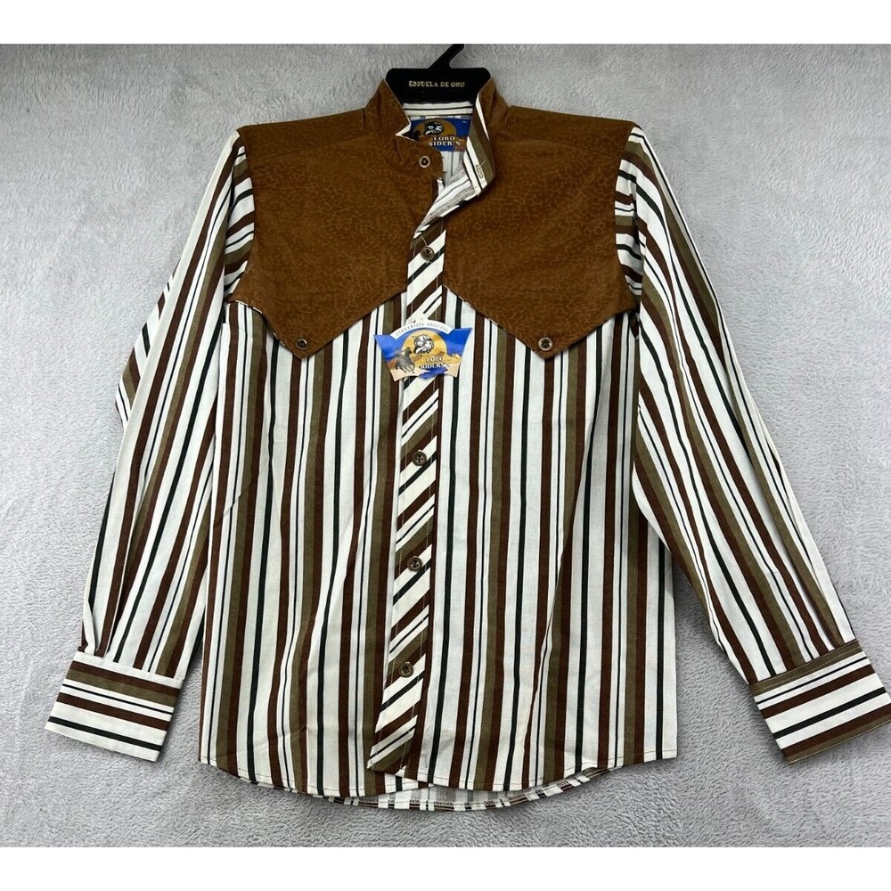 VTG Lobo Riders Shirt Mens Sz S Striped Western Vaquero Brown White Cotton NWT